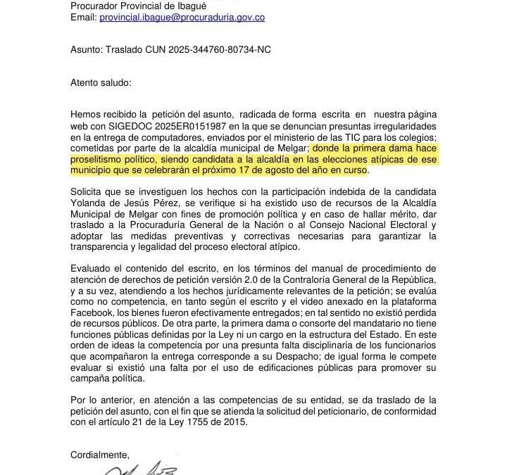 Contraloría traslada denuncia por presunto proselitismo de “primera dama” en Melgar antes de elecciones atípicas